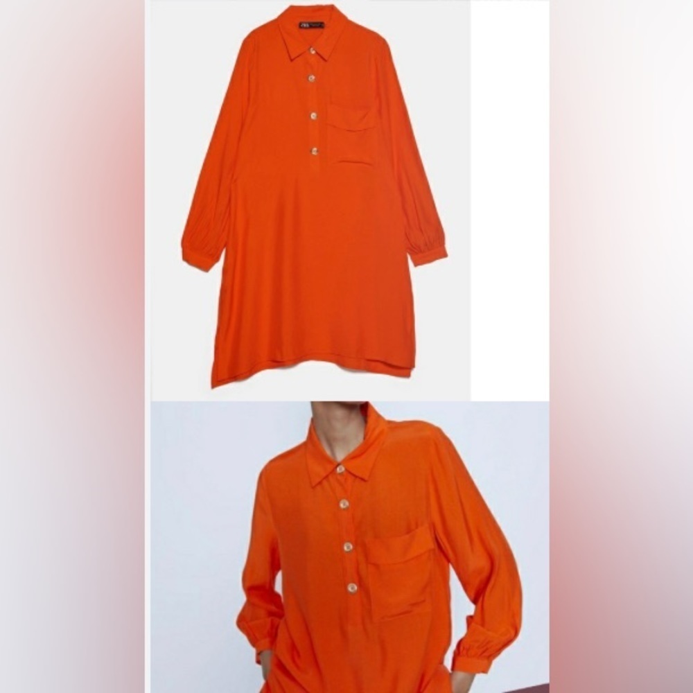 NWT Zara orange collared tunic w/4 gold buttons, front pocket, button cuffs 🧡 - Picture 4 of 7